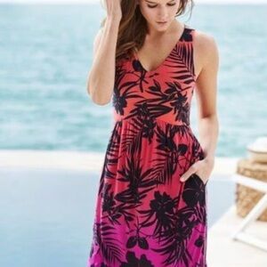 Soma Palmscape ombré Tropical Coral Pink and Black Maxi Dress L